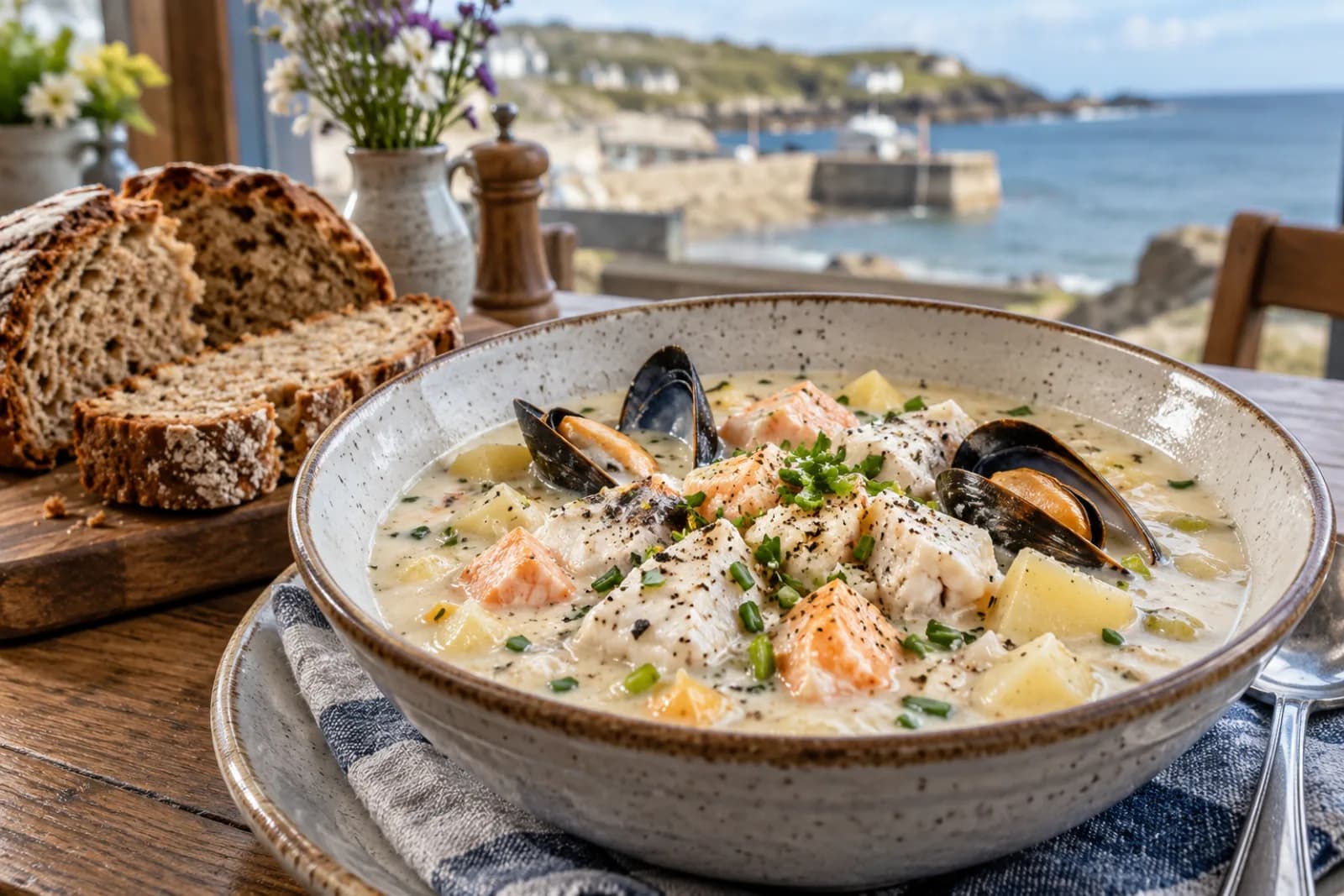 AI ilustrace jídla: Seafood chowder