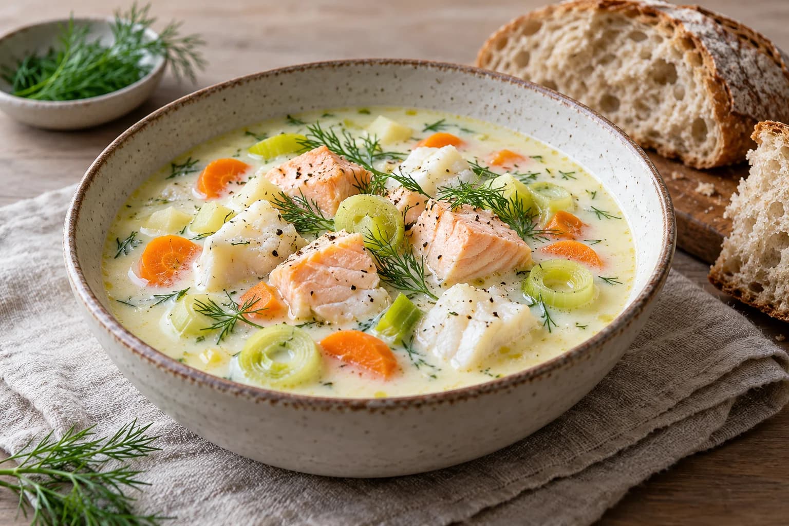 AI ilustrace jídla: Fiskesuppe
