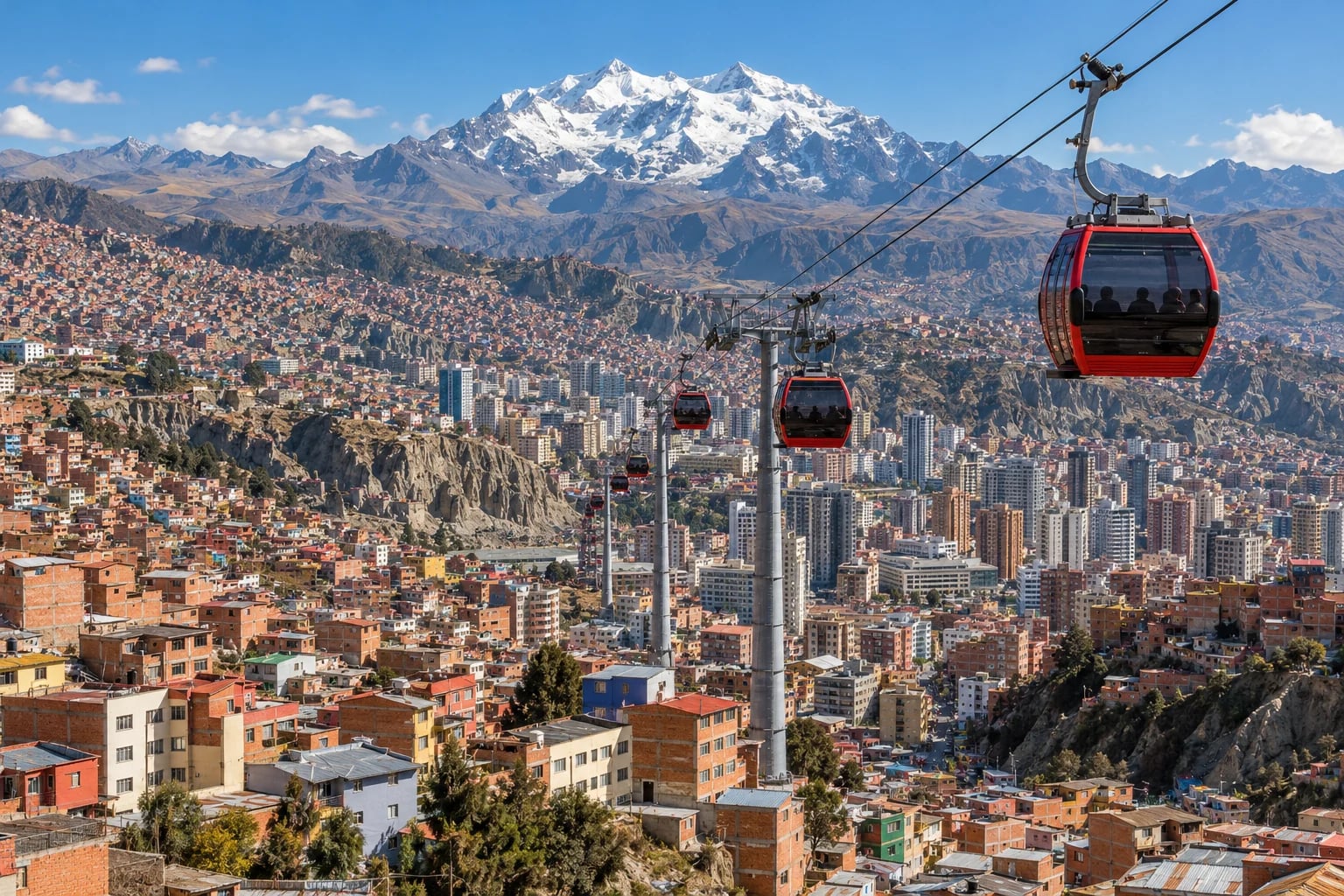 La Paz v andském údolí s lanovkami a horou Illimani