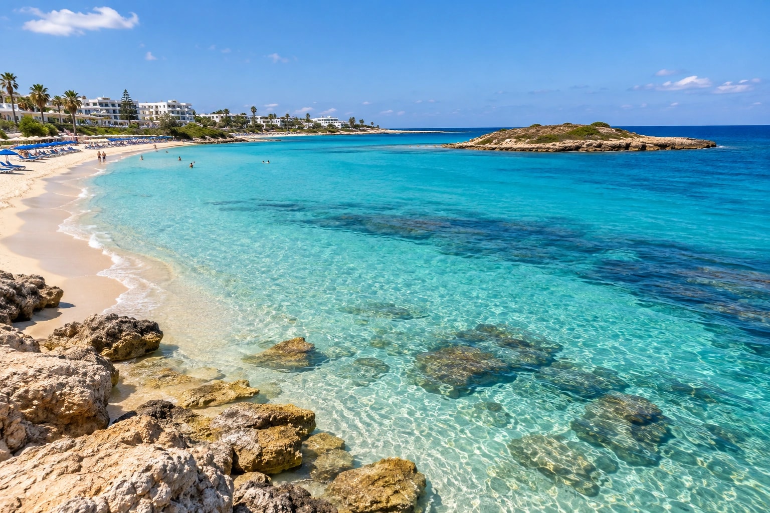 AI ilustrace písečné zátoky Fig Tree Bay v Protarasu