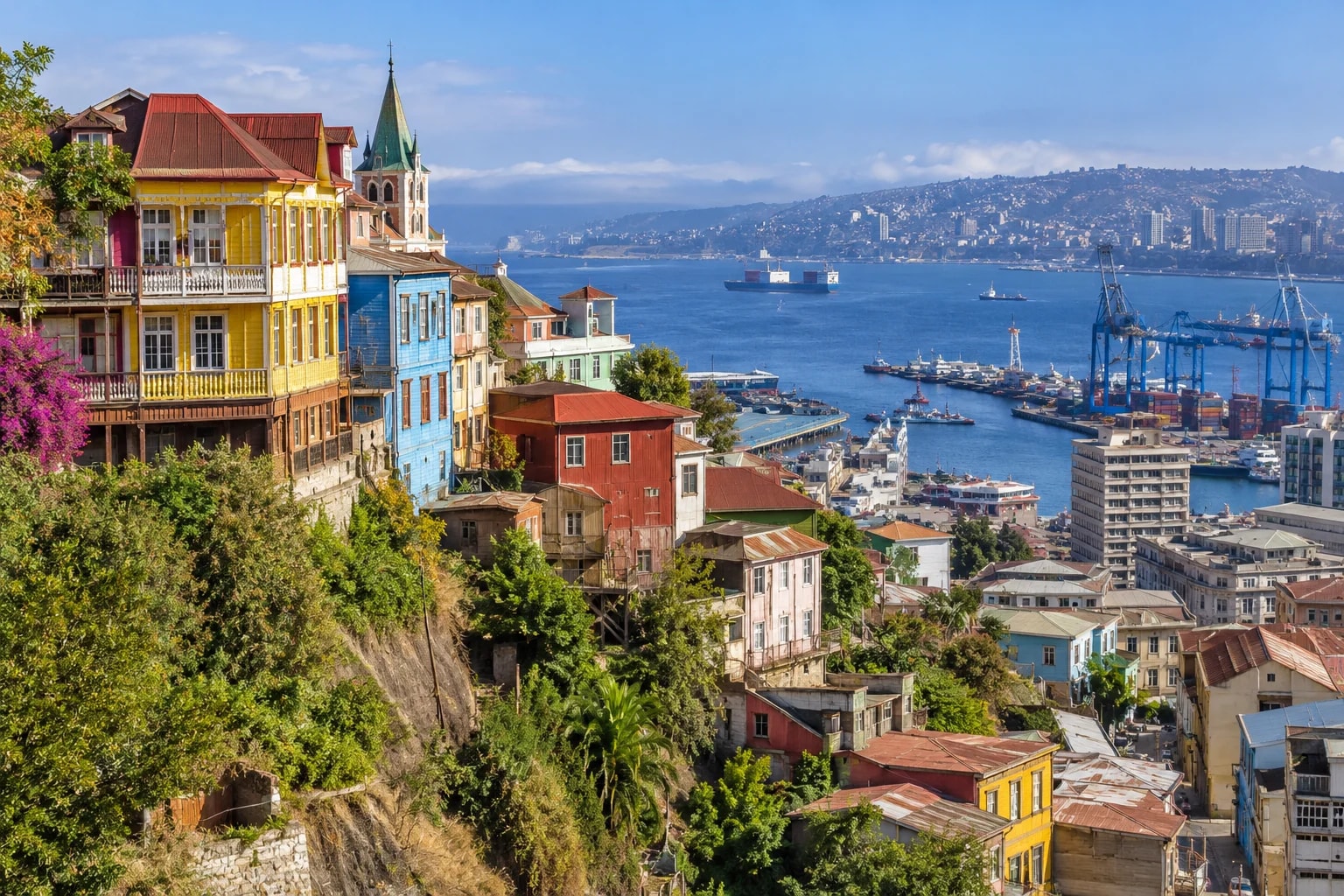 Barevné domy nad přístavem Valparaísa