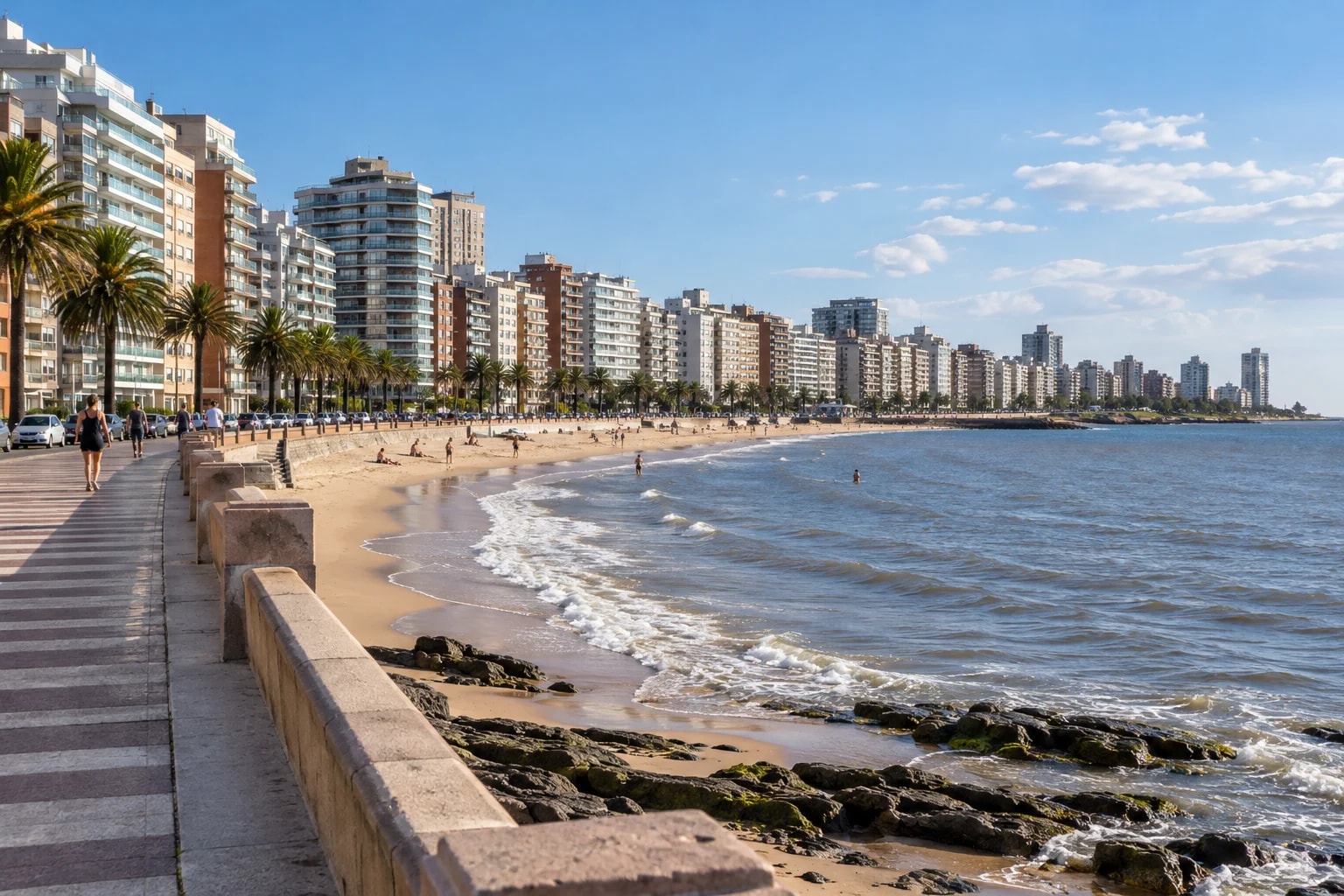 Pláž Pocitos a rambla v Montevideu