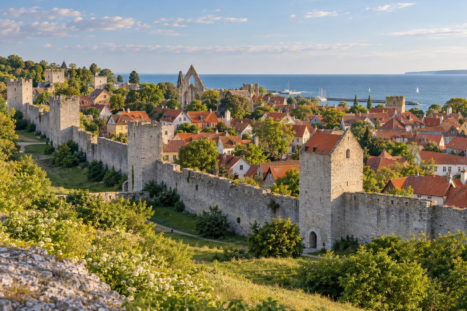AI ilustrace hradeb a domů Visby
