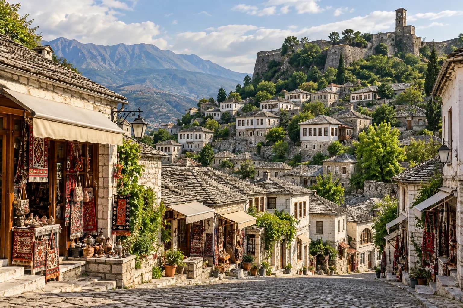 AI ilustrace kamenných ulic Gjirokastëru