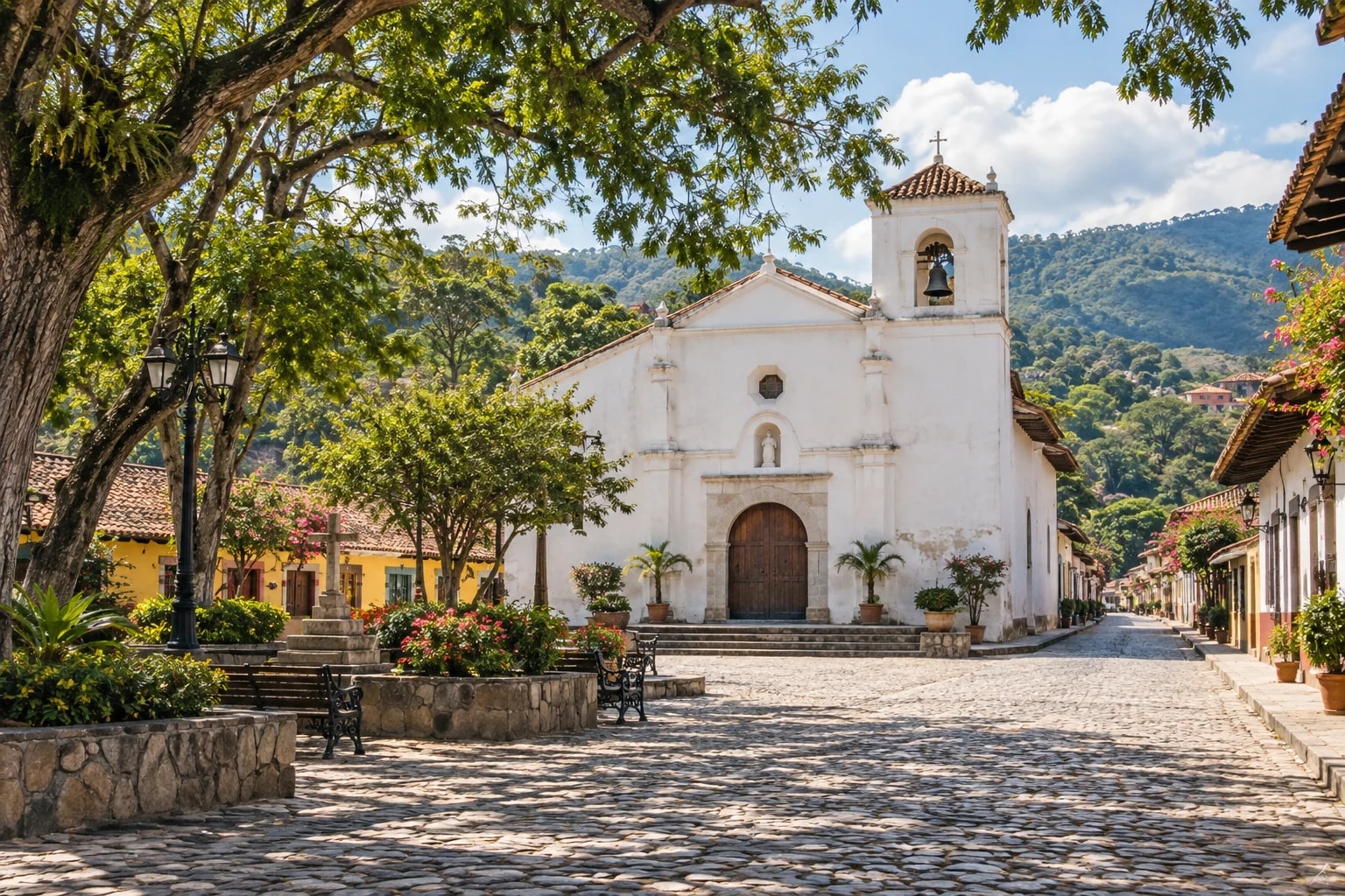 Náměstí městečka Copán Ruinas