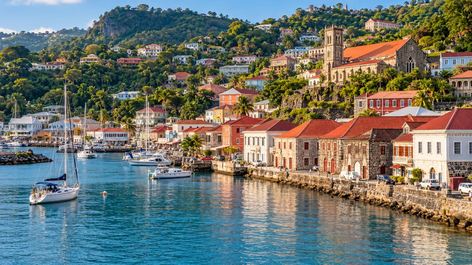 AI ilustrace: St. George's, Grenada — ilustrační pohled na místní architekturu a krajinu
