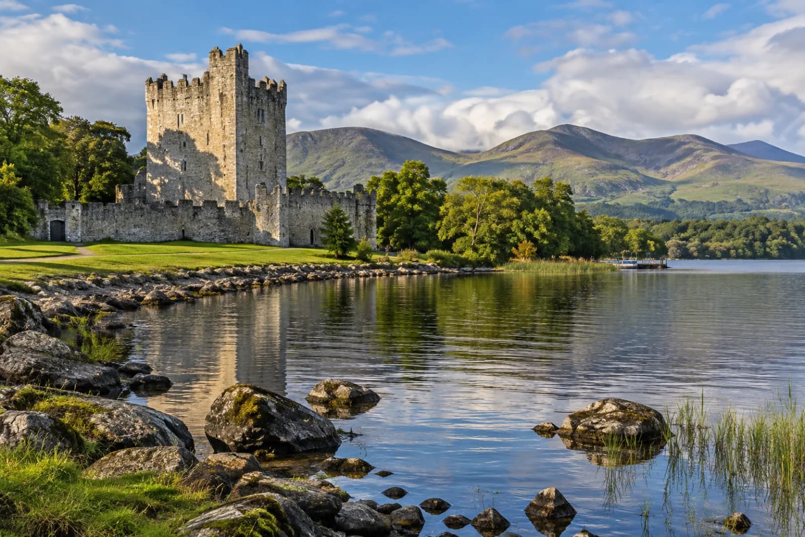 AI ilustrace hradu Ross Castle u jezera Lough Leane