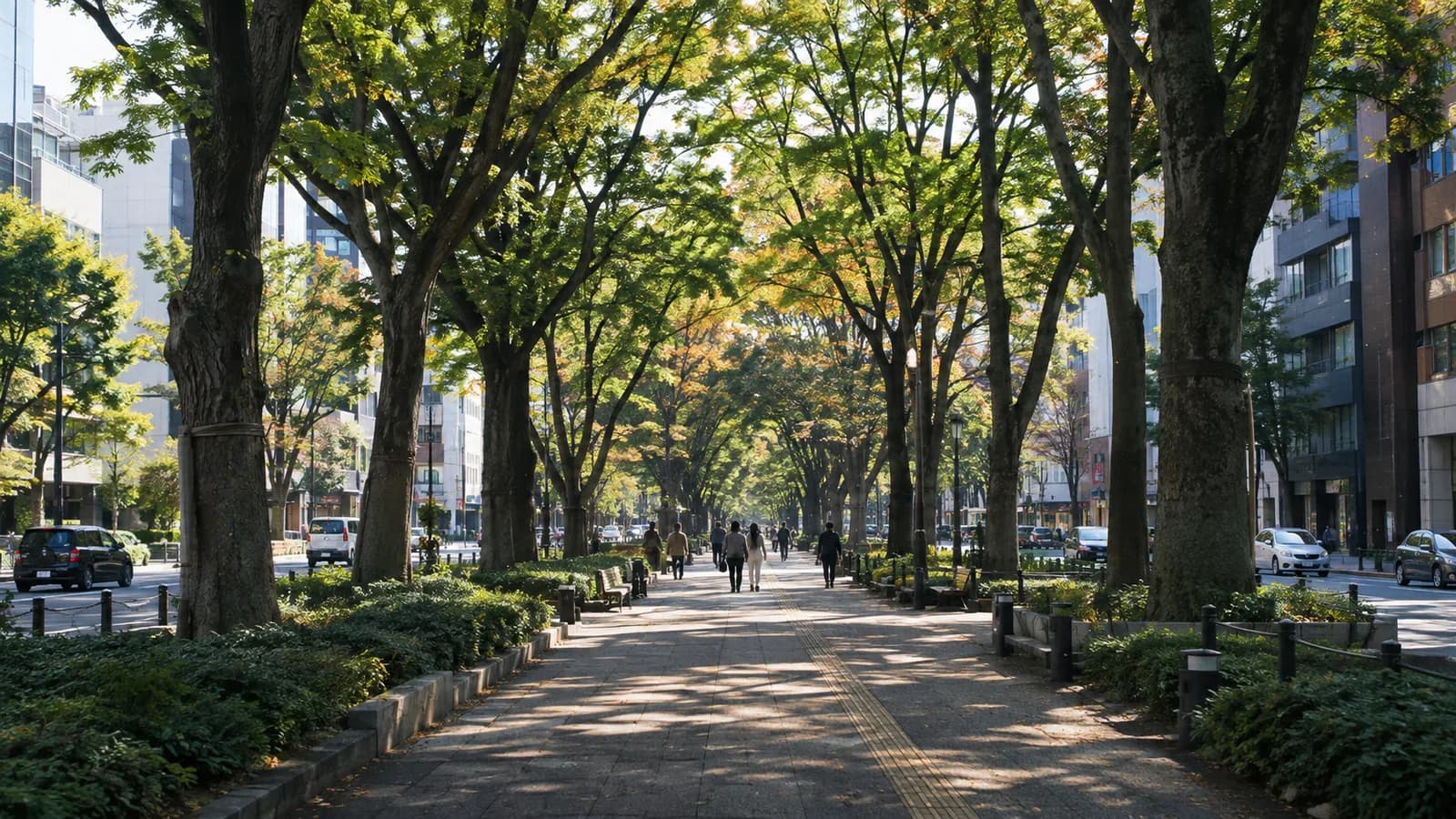 AI ilustrace městské promenády pod stromy v Sendai