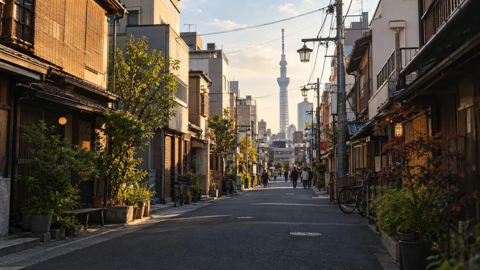 AI ilustrace tokijské ulice s věží Skytree v dálce
