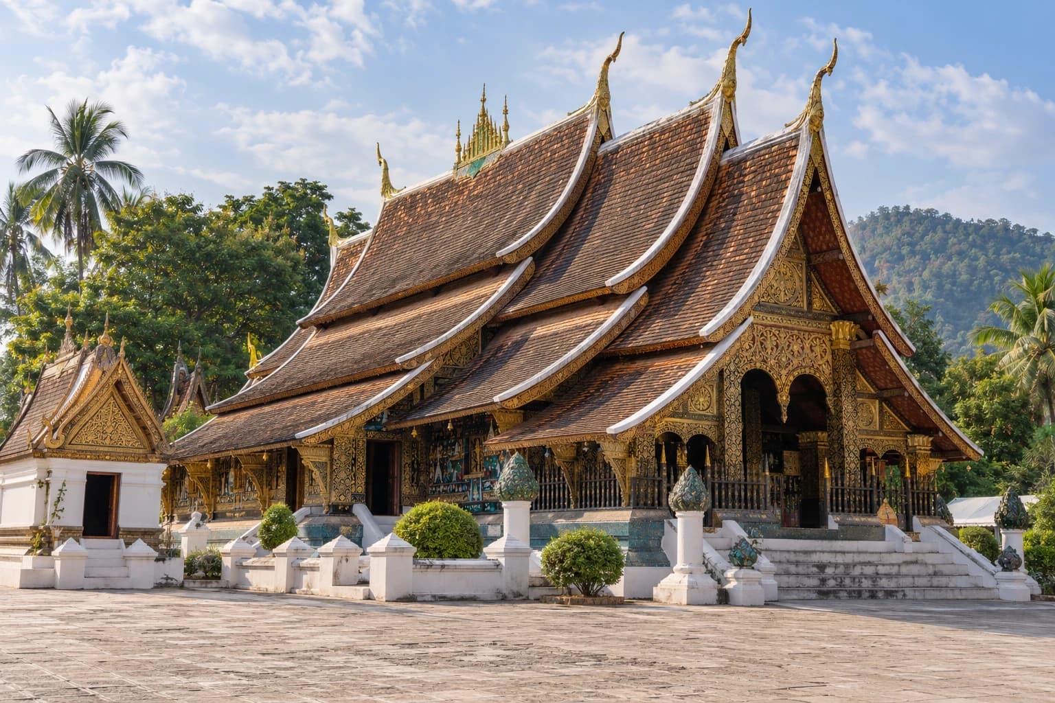 AI ilustrace chrámu Wat Xieng Thong v Luang Prabangu