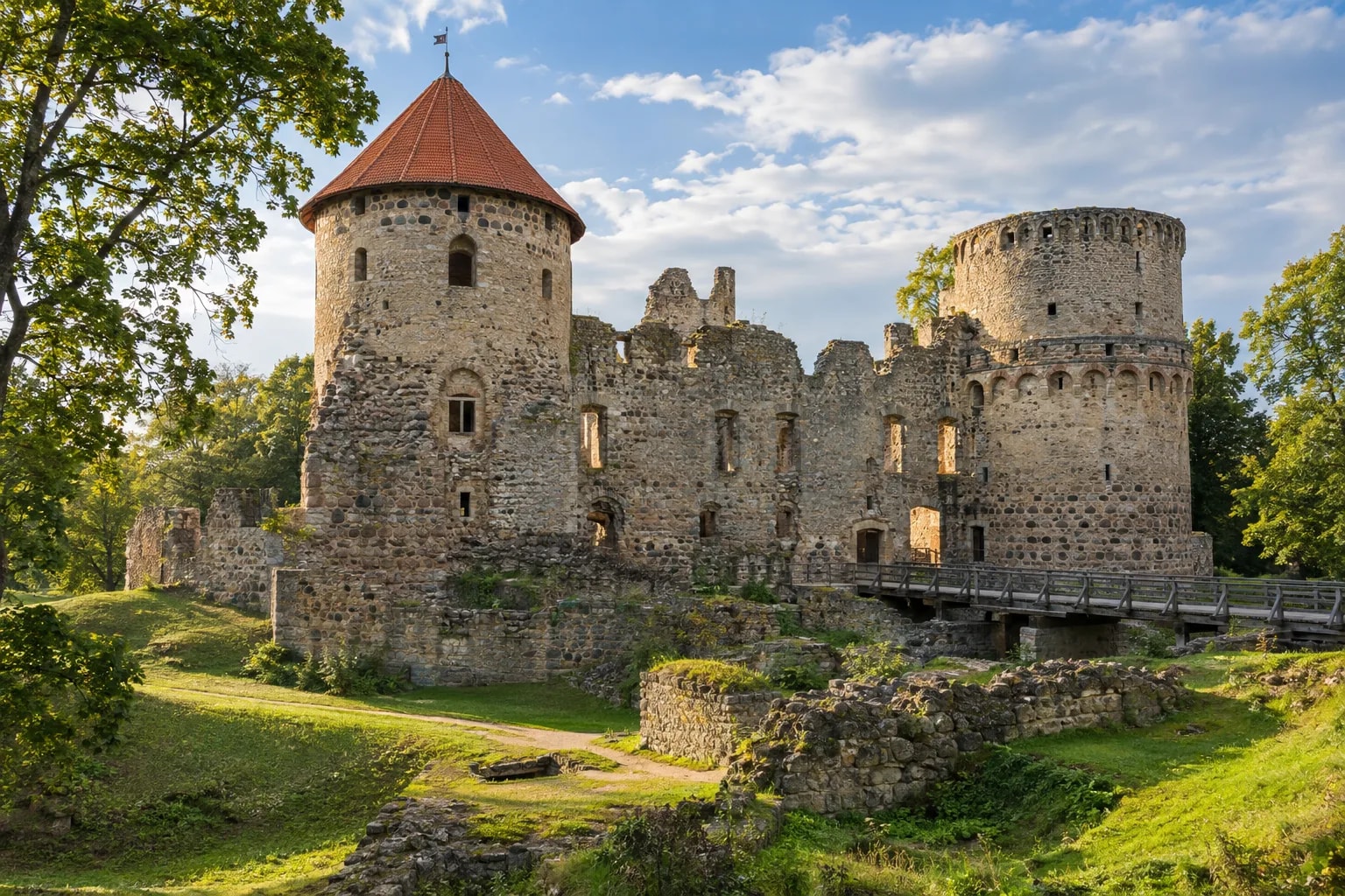 AI ilustrace hradu a parku v Cēsis