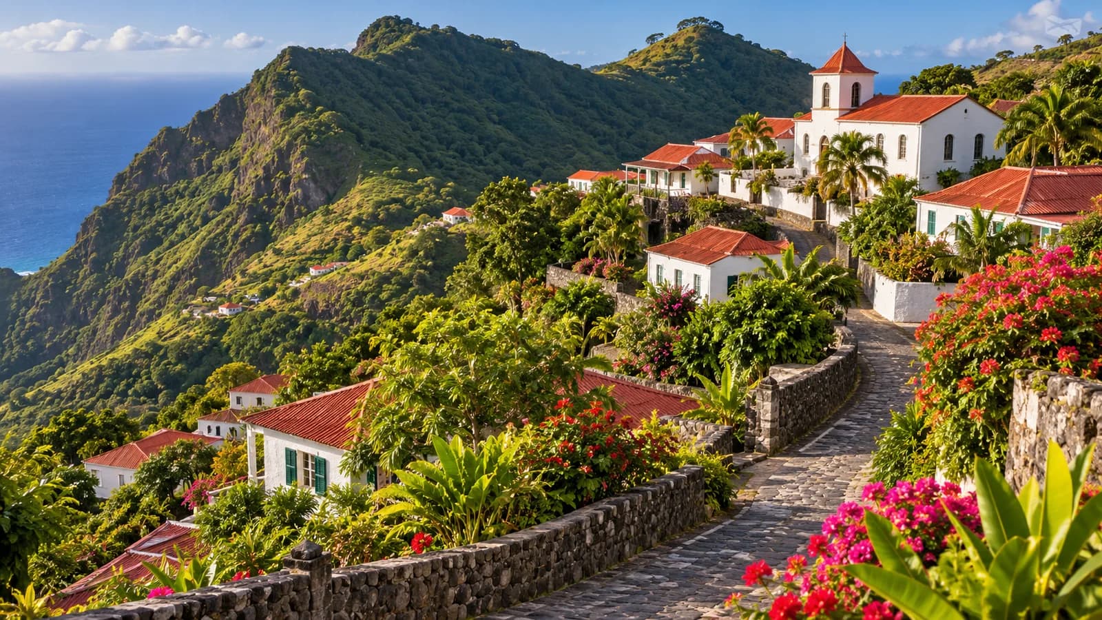 AI ilustrace: Windwardside a The Bottom, Saba — ilustrační pohled na místní architekturu a krajinu