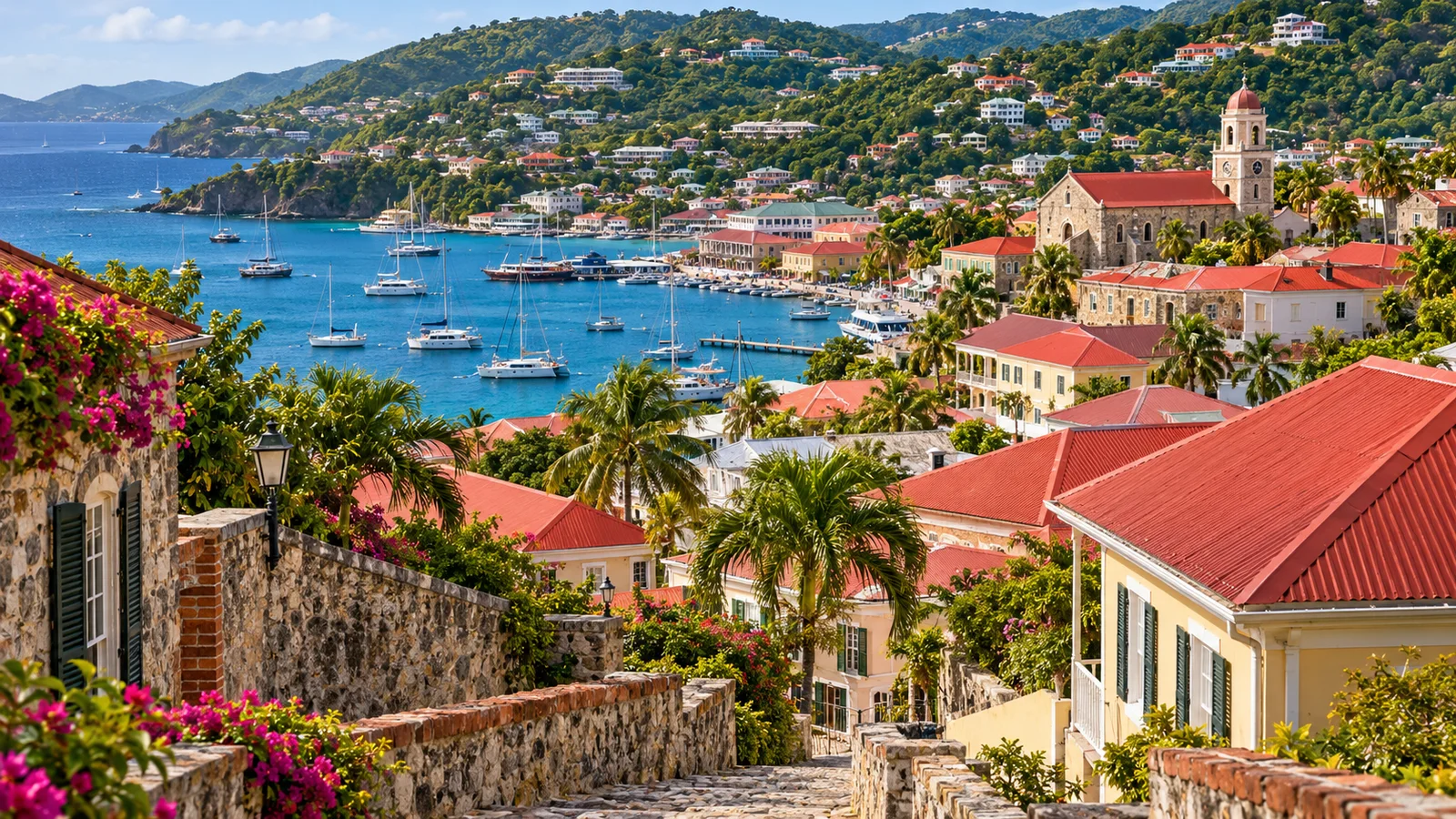 AI ilustrace: Charlotte Amalie, Americké Panenské ostrovy — ilustrační pohled na místní architekturu a krajinu