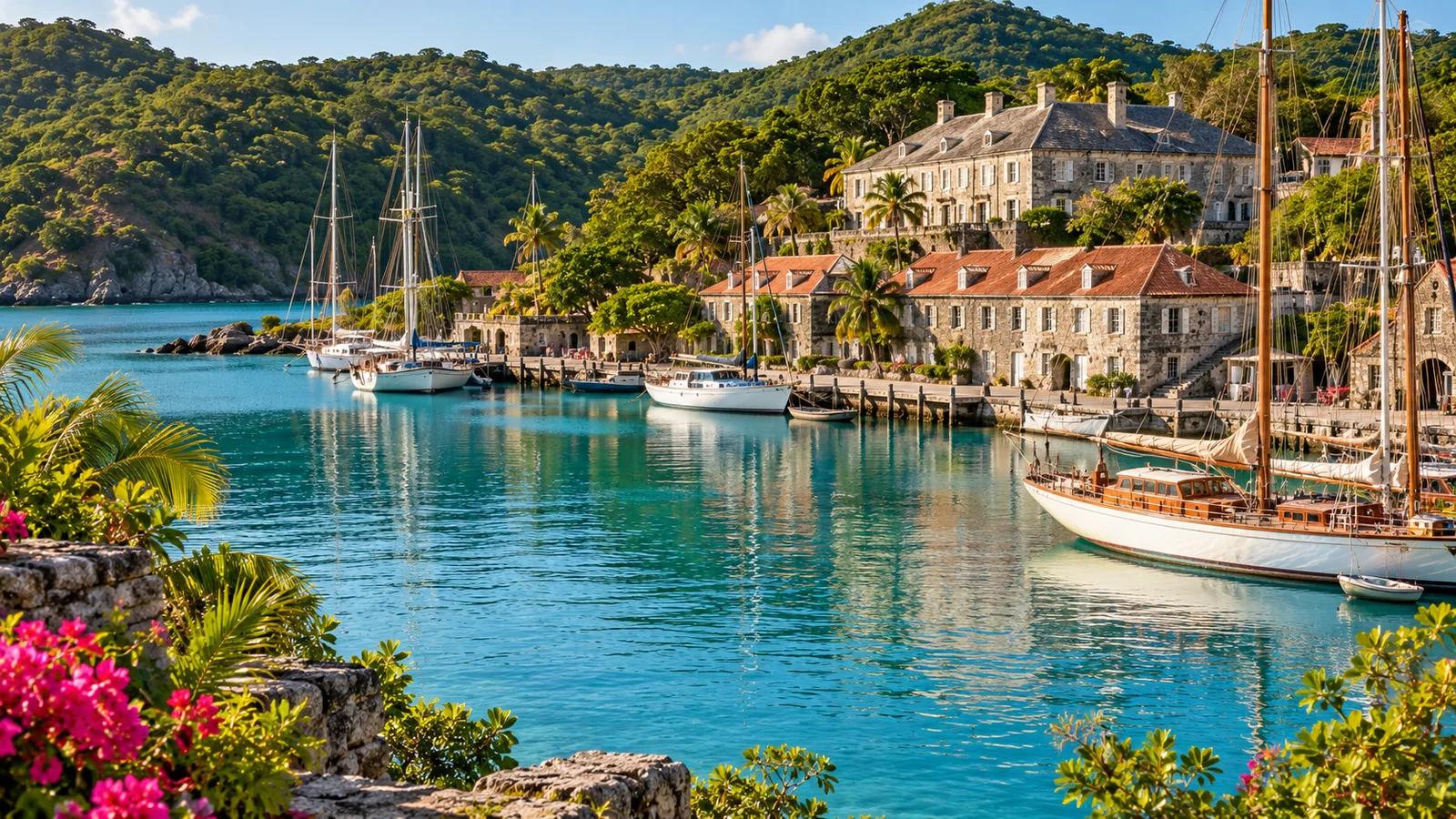 AI ilustrace: English Harbour, Antigua a Barbuda — ilustrační pohled na místní architekturu a krajinu