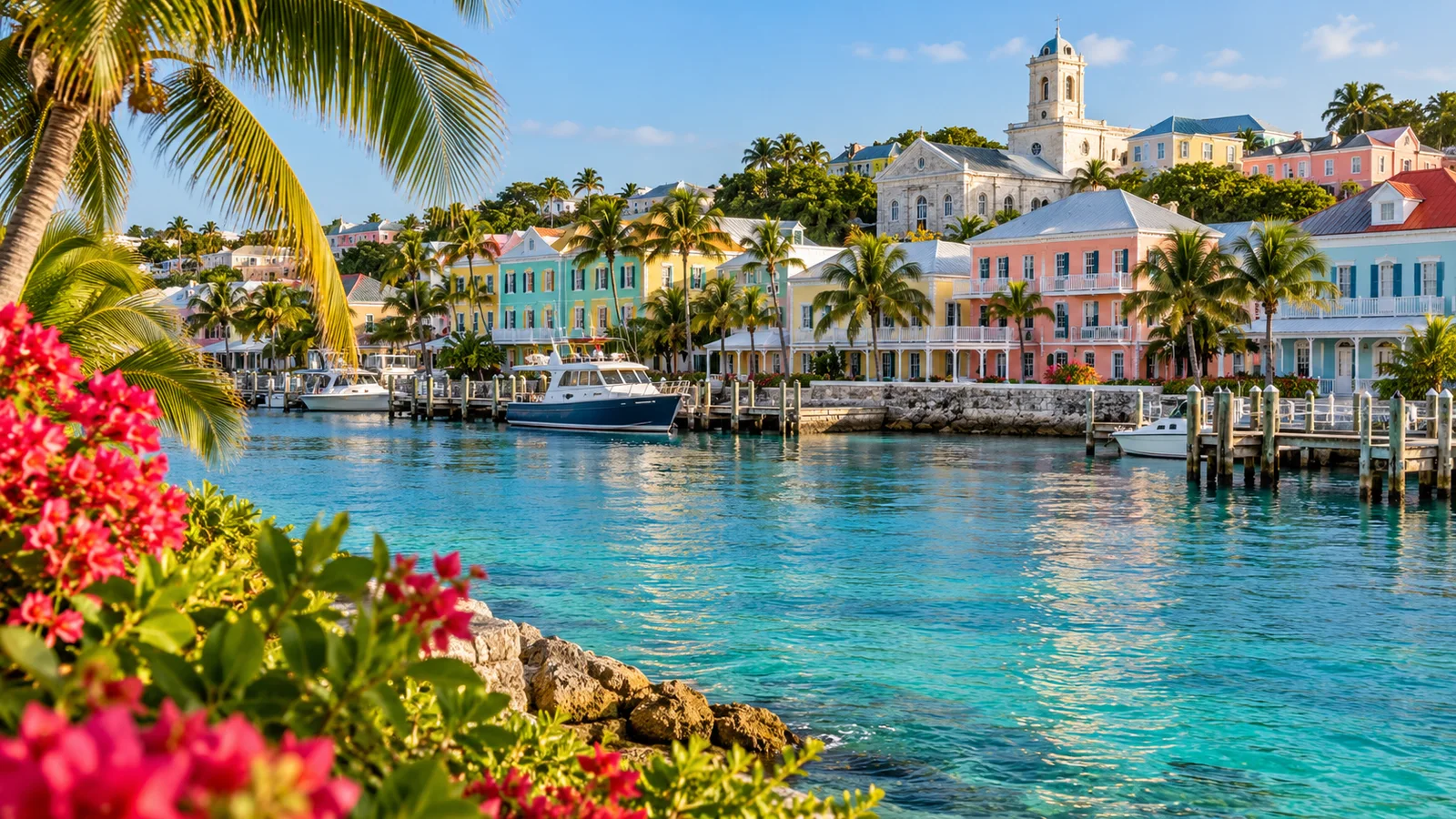 AI ilustrace: Nassau, Bahamy — ilustrační pohled na místní architekturu a krajinu