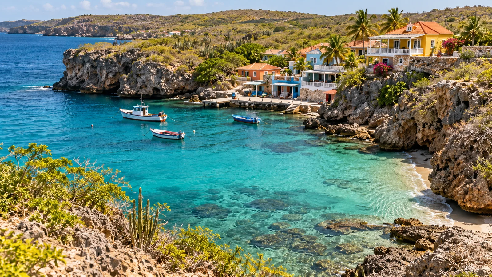 AI ilustrace: Westpunt, Curaçao — ilustrační pohled na místní architekturu a krajinu