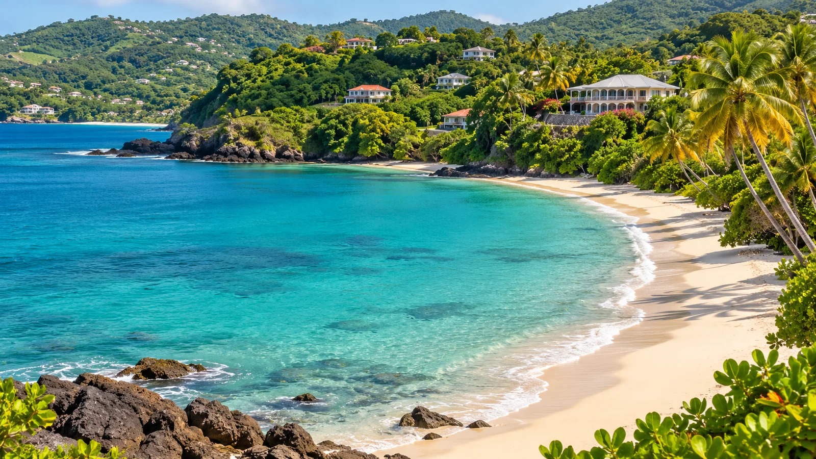 AI ilustrace: Grand Anse, Grenada — ilustrační pohled na místní architekturu a krajinu