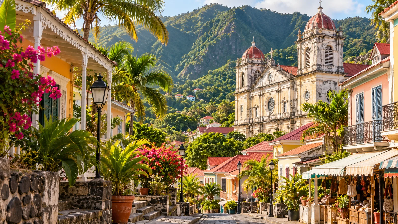 AI ilustrace: Basse-Terre, Guadeloupe — ilustrační pohled na místní architekturu a krajinu