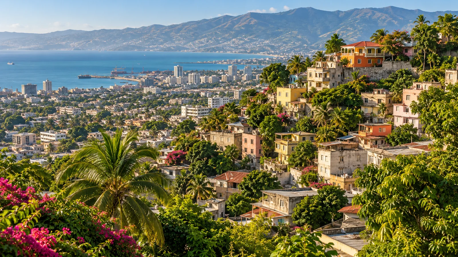 AI ilustrace: Port-au-Prince, Haiti — ilustrační pohled na místní architekturu a krajinu