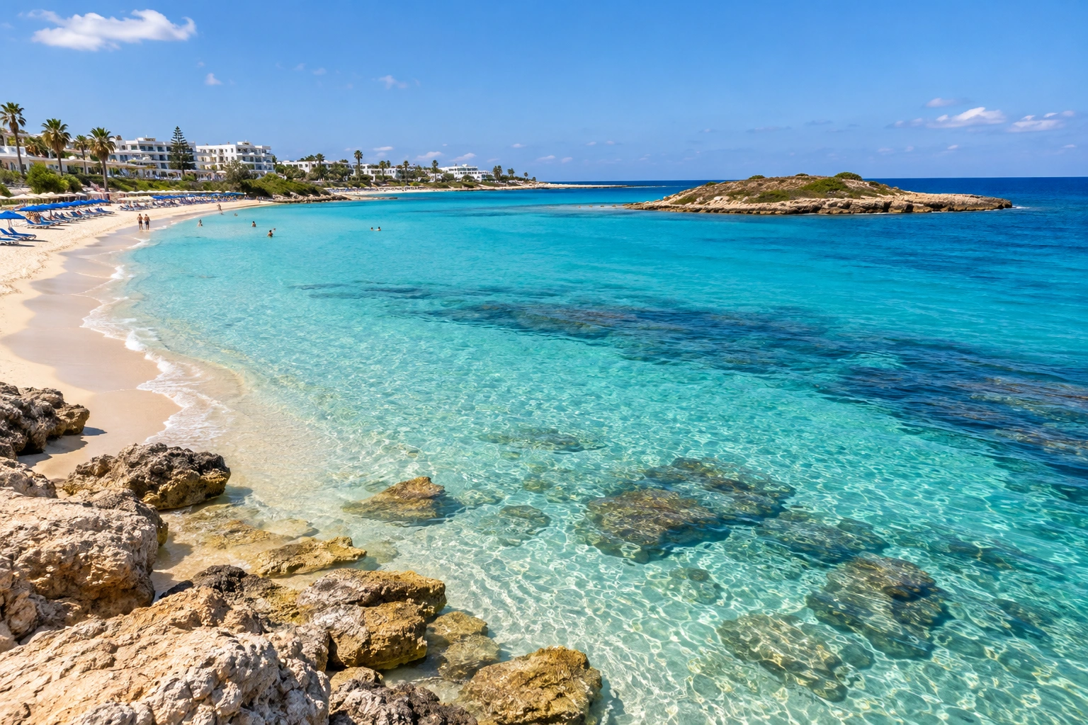 AI ilustrace písečné zátoky Fig Tree Bay v Protarasu