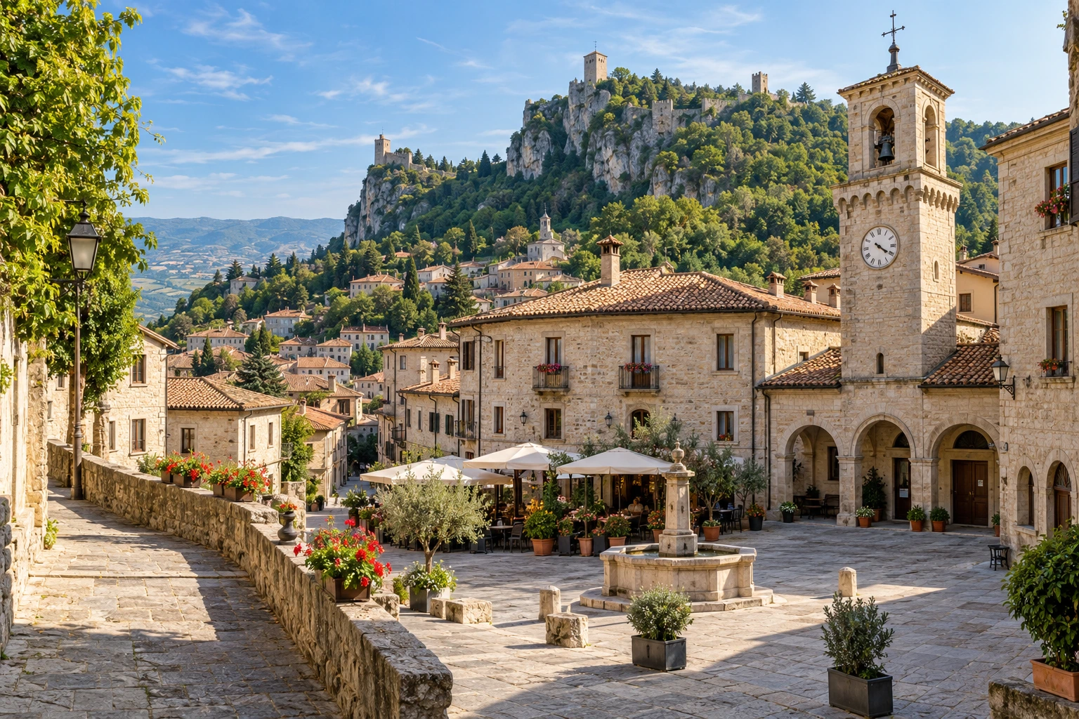 AI ilustrace historického centra Borgo Maggiore
