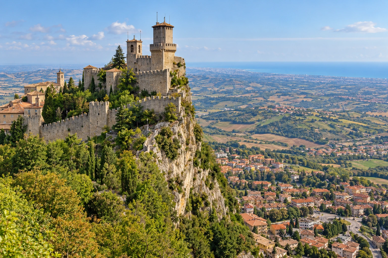 AI ilustrace věže Guaita a Monte Titano