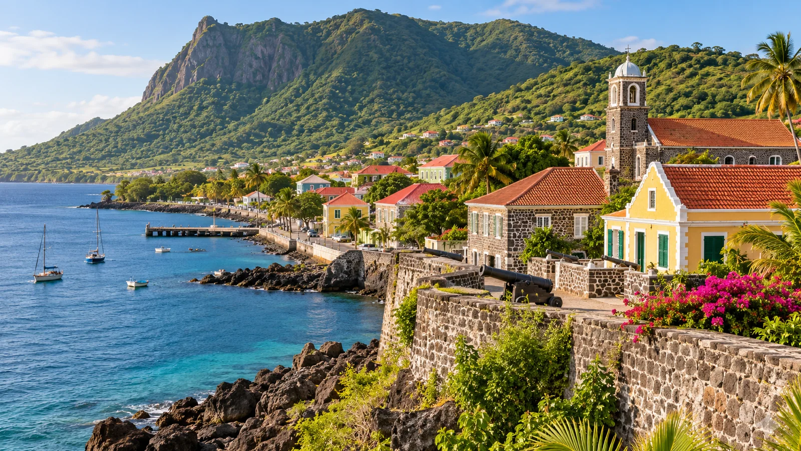 AI ilustrace: Oranjestad · Statia, Sint Eustatius — ilustrační pohled na místní architekturu a krajinu