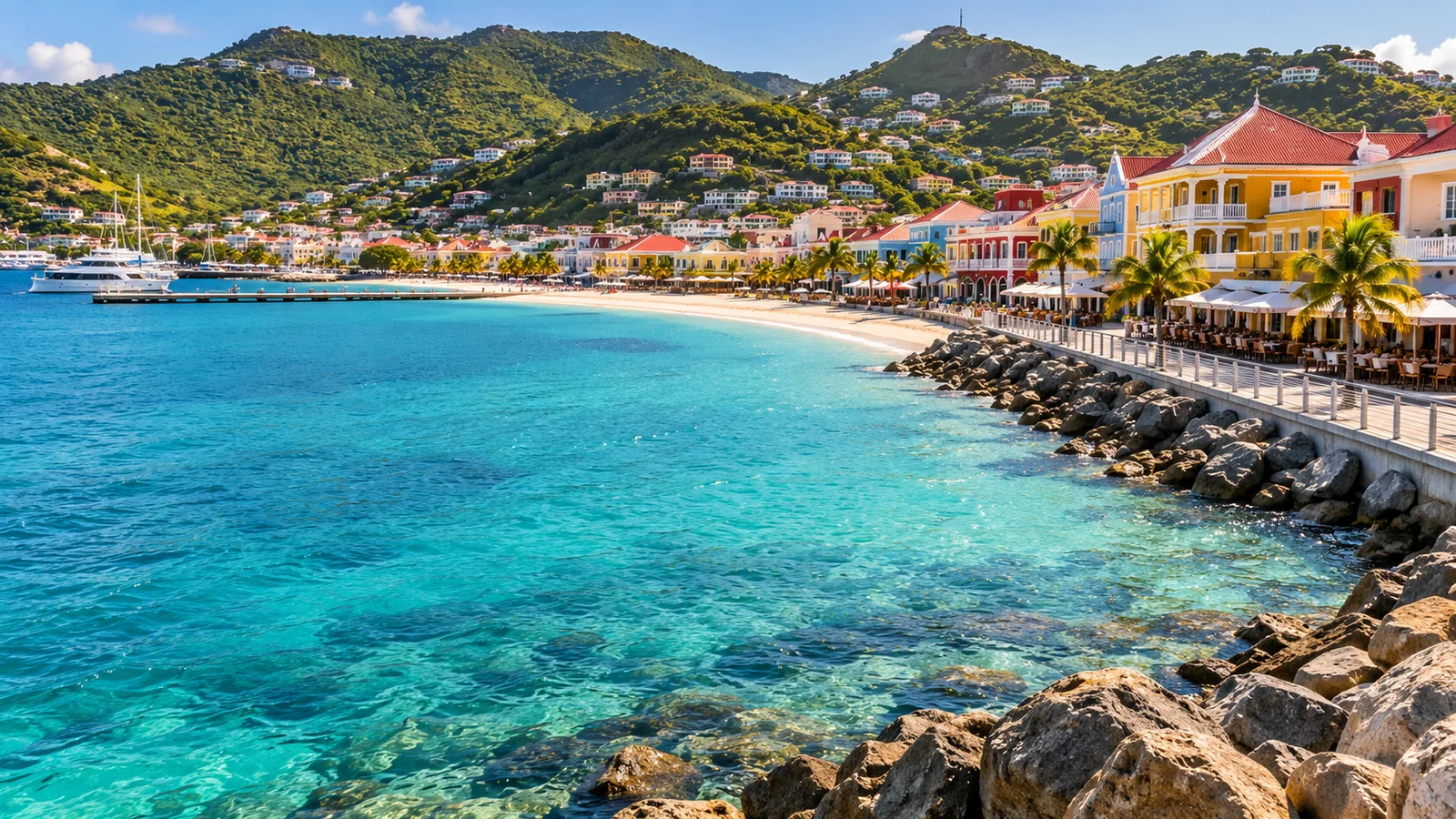 AI ilustrace: Philipsburg, Sint Maarten · nizozemská část — ilustrační pohled na místní architekturu a krajinu