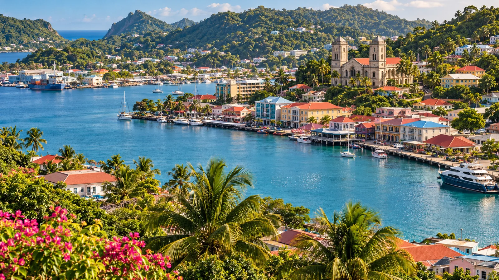 AI ilustrace: Castries, Svatá Lucie — ilustrační pohled na místní architekturu a krajinu
