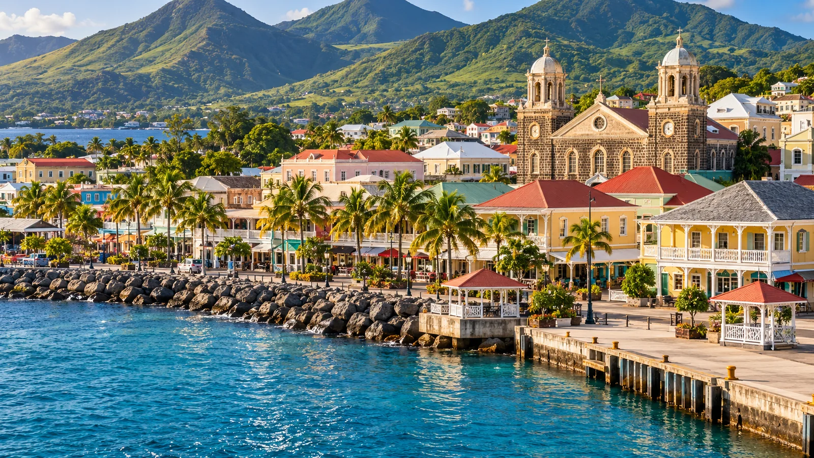 AI ilustrace: Basseterre, Svatý Kryštof a Nevis — ilustrační pohled na místní architekturu a krajinu