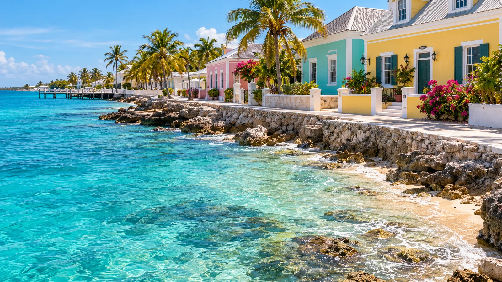AI ilustrace: Cockburn Town, Turks a Caicos — ilustrační pohled na místní architekturu a krajinu